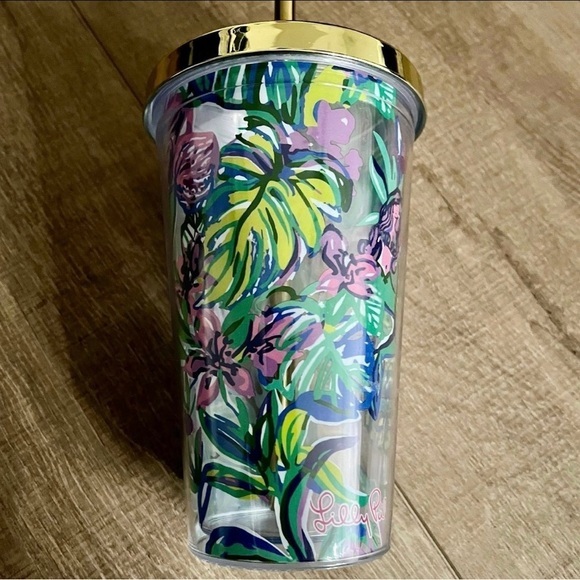 Lilly Pulitzer Travel Tumbler 16oz Gold Lid & Straw Mermaid In The Shade Floral - Picture 12 of 13